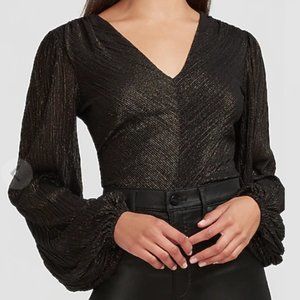 EXPRESS Metallic Pleated Puff Sleeve Bodysuit
